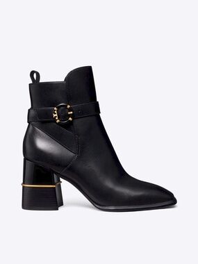 TORY BURCH Logo Buckle Square-Toe Ankle Boots in Black Leather 10